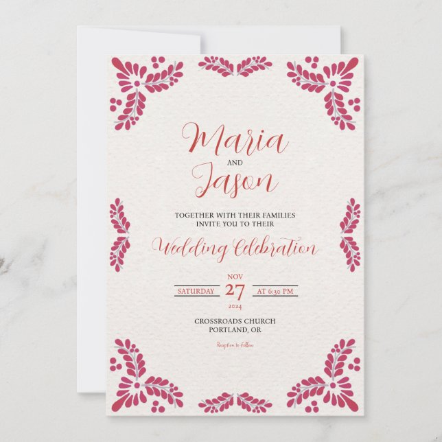 Mexican Talavera Red Floral Minimalist Wedding Invitation (Front)
