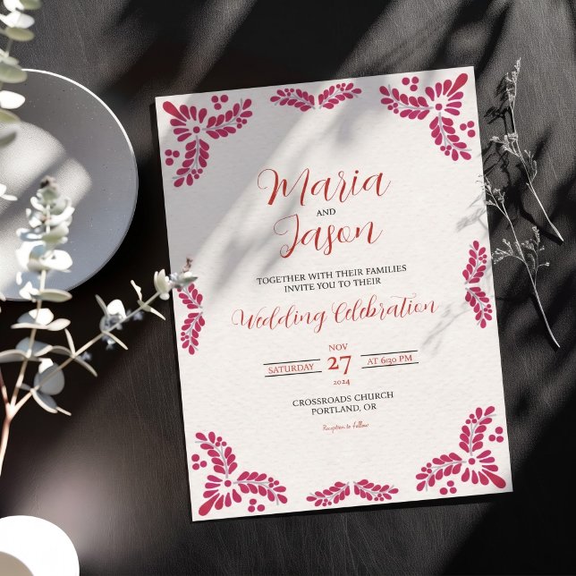 Mexican Talavera Red Floral Minimalist Wedding Invitation (Mexican Talavera Red Floral Minimalist Wedding Invitation)