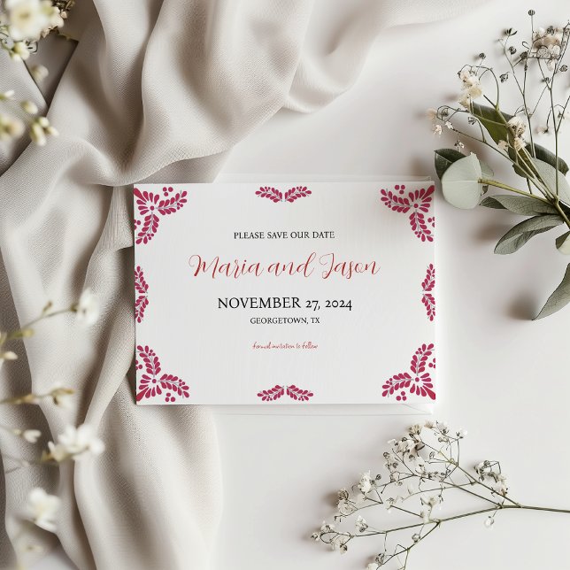 Mexican Talavera Red Floral Minimalist Wedding Save The Date (Mexican Talavera Red Floral Minimalist Wedding Save The Date)