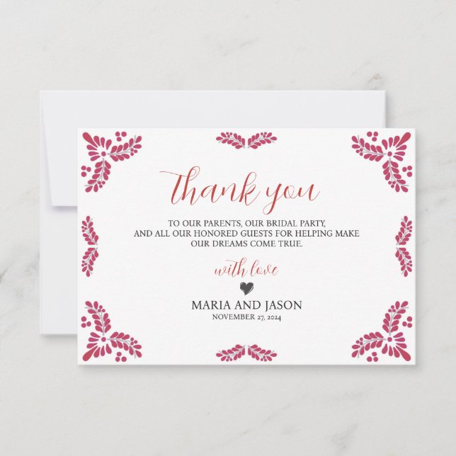 Mexican Talavera Red Floral Minimalist Wedding Thank You Card (Front)