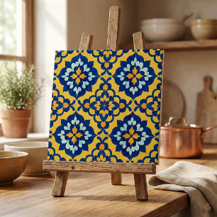 Mexican Talavera Spanish Azulejo Blue and Yellow Ceramic Tile