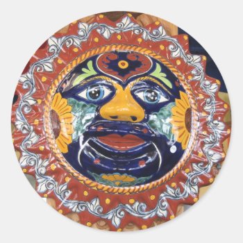 Mexican Talavera Style Sun Classic Round Sticker by beautyofmexico at Zazzle