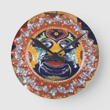 Mexican Talavera Style Sun Round Clock by beautyofmexico at Zazzle