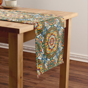 Mexican Talavera teal colorful vintage pattern art Short Table Runner