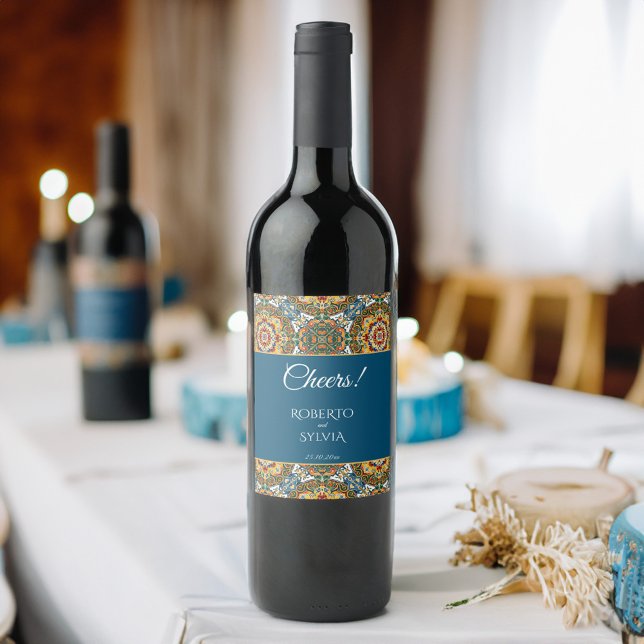 Mexican Talavera teal elegant wedding favor Wine Label (Mexican Talavera teal elegant wedding favors personalized  Wine Label cheers bottle labels)