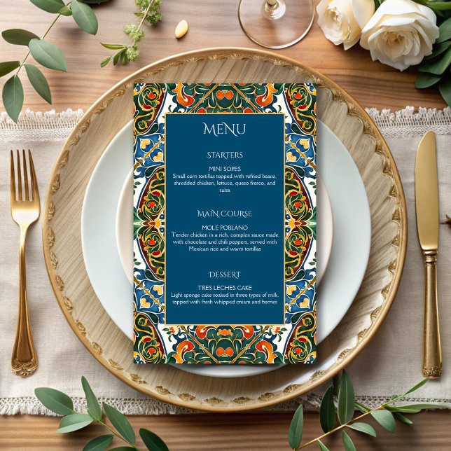 Mexican Talavera teal elegant wedding menu (Mexican Talavera wedding teal  blue elegant wedding menu cards personalized table decor)