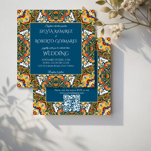 Mexican Talavera teal elegant wedding with RSVP Invitation