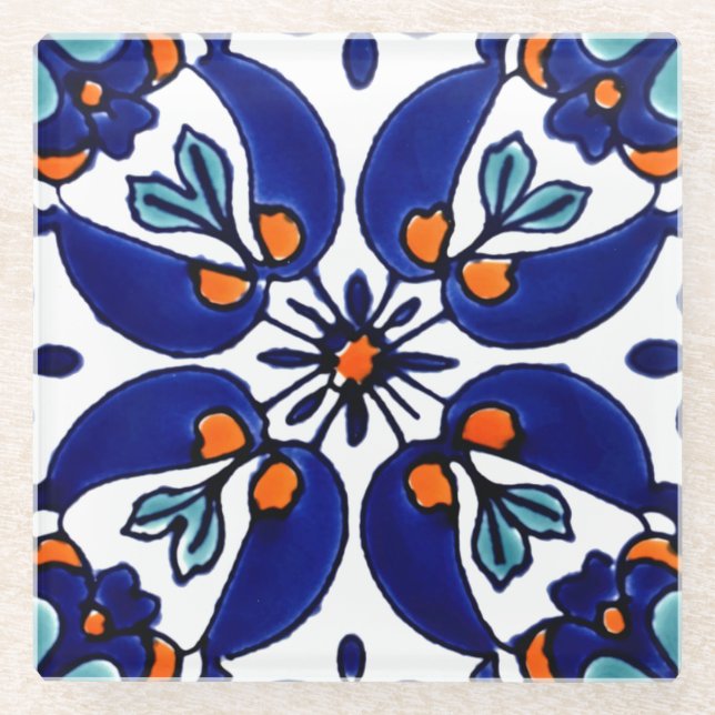 Mexican Talavera Terracotta Tile Design No. 1 Glass Coaster (Front)