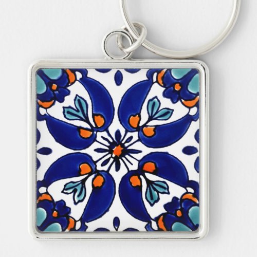 Mexican Talavera Terracotta Tile Design No 1 Keychain