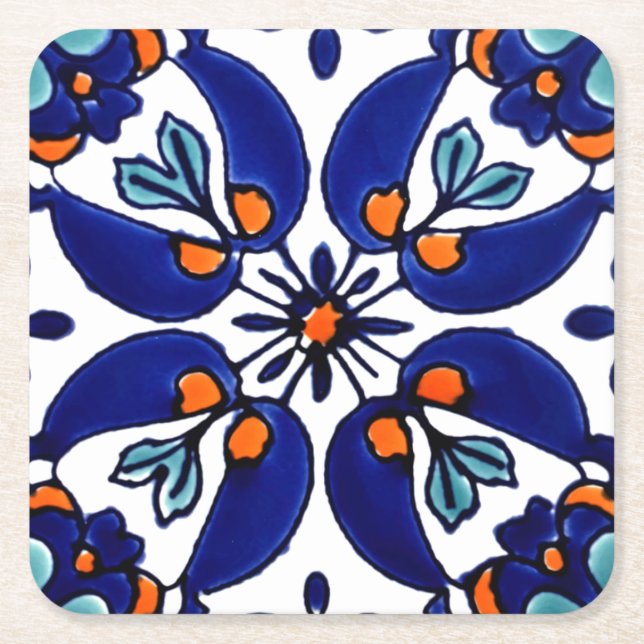 Mexican Talavera Terracotta Tile Design No. 1 Square Paper Coaster (Front)