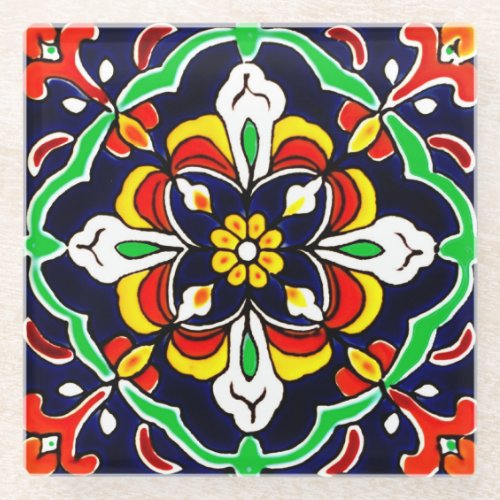 Mexican Talavera Terracotta Tile Design No 2 Glass Coaster