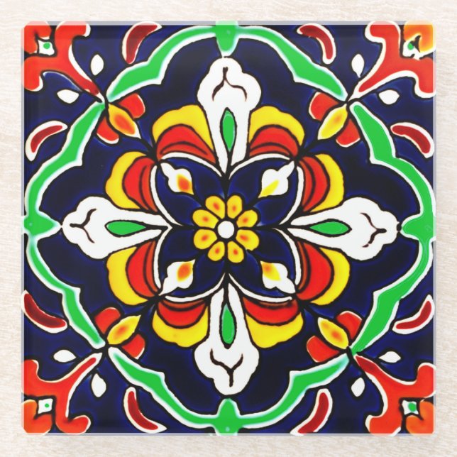 Mexican Talavera Terracotta Tile Design No. 2 Glass Coaster (Front)