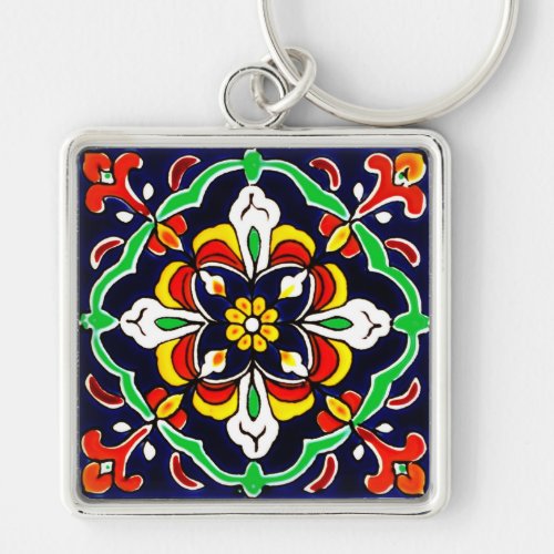 Mexican Talavera Terracotta Tile Design No 2 Keychain