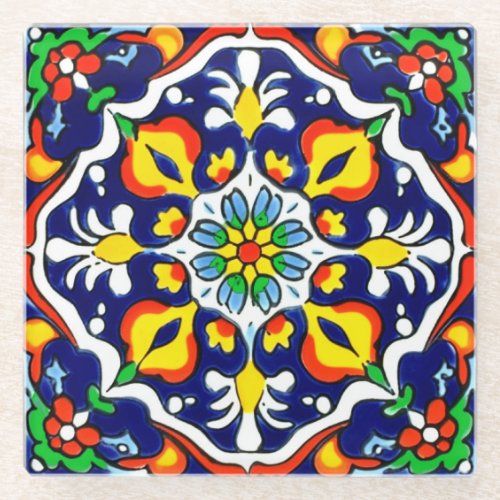 Mexican Talavera Terracotta Tile Design No 3 Glass Coaster