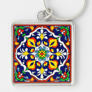Mexican Talavera Terracotta Tile Design No. 3 Keychain