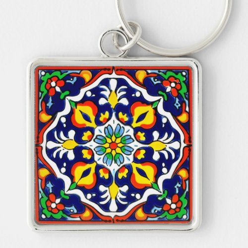 Mexican Talavera Terracotta Tile Design No 3 Keychain