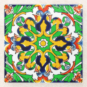 Mexican Talavera Terracotta Tile Design No. 4 Glass Coaster