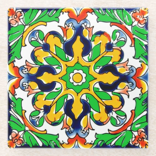 Mexican Talavera Terracotta Tile Design No 4 Glass Coaster