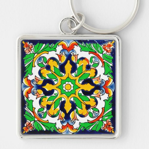 Mexican Talavera Terracotta Tile Design No 4 Keychain