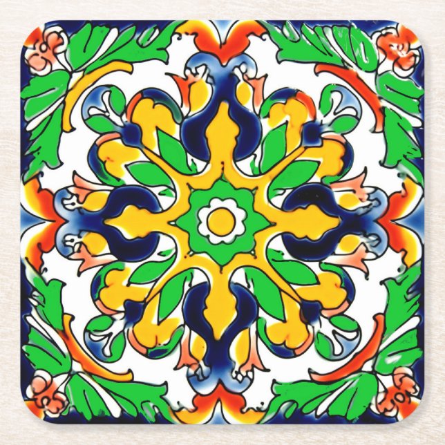 Mexican Talavera Terracotta Tile Design No. 4 Square Paper Coaster (Front)