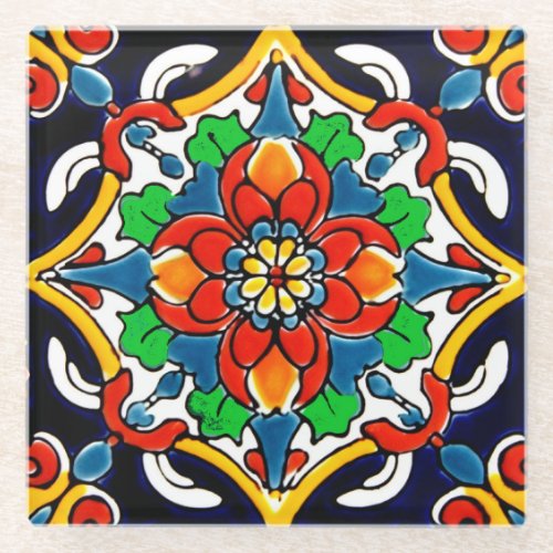 Mexican Talavera Terracotta Tile Design No 5 Glass Coaster