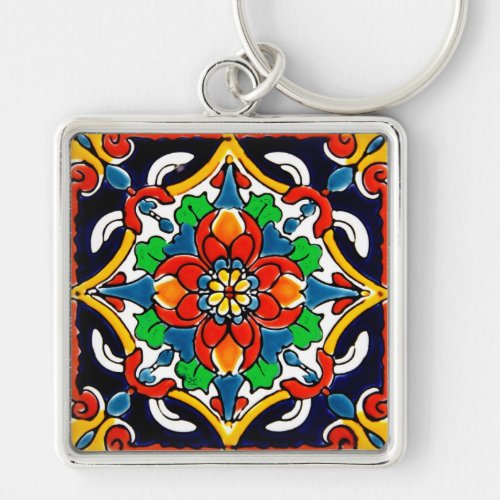 Mexican Talavera Terracotta Tile Design No 5 Keychain