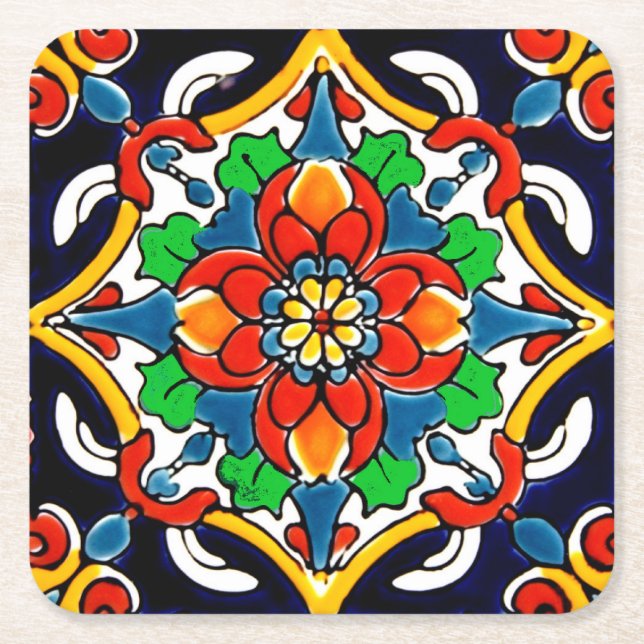 Mexican Talavera Terracotta Tile Design No. 5 Square Paper Coaster (Front)