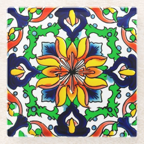 Mexican Talavera Terracotta Tile Design No 6 Glass Coaster