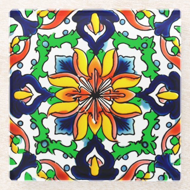 Mexican Talavera Terracotta Tile Design No. 6 Glass Coaster (Front)
