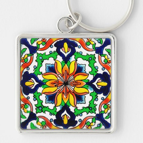 Mexican Talavera Terracotta Tile Design No 6 Keychain