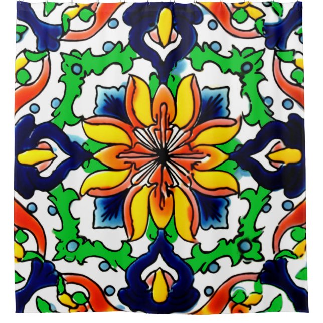 Mexican Talavera Terracotta Tile Design No. 6 Shower Curtain (Front)