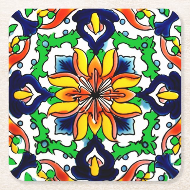 Mexican Talavera Terracotta Tile Design No. 6 Square Paper Coaster (Front)