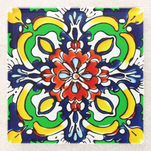 Mexican Talavera Terracotta Tile Design No 7 Glass Coaster