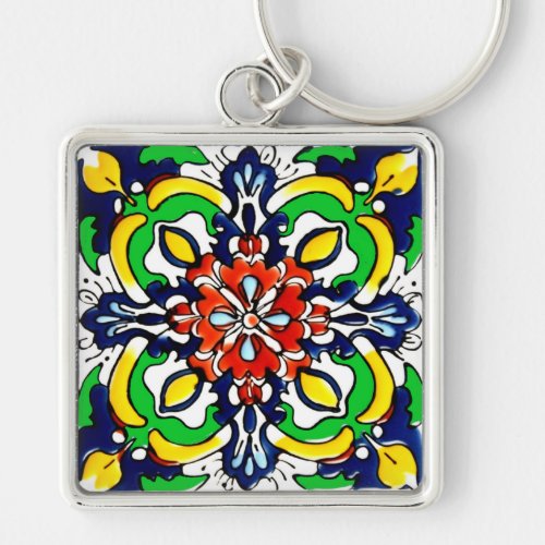 Mexican Talavera Terracotta Tile Design No 7 Keychain