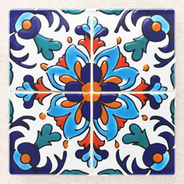 Mexican Talavera Terracotta Tile Design No. 9 Glass Coaster (Front)