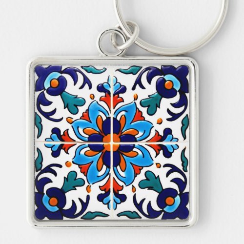 Mexican Talavera Terracotta Tile Design No 9 Keychain