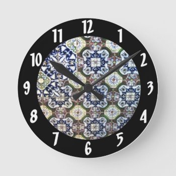 Mexican Talavera Tile Design Round Clock by beautyofmexico at Zazzle