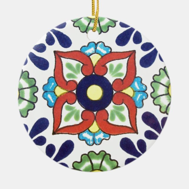 Mexican Talavera tile (red, green, yellow, blue) Ceramic Ornament (Front)