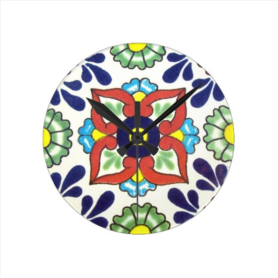 Mexican Talavera tile (red green yellow blue) Round Clock