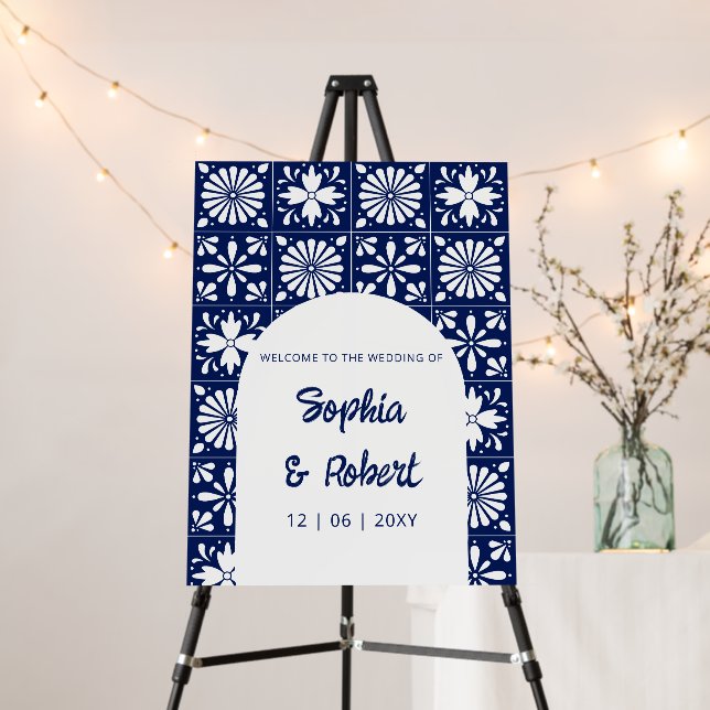 Mexican Talavera Tiles Blue Wedding Welcome Sign (In Situ (Stand))