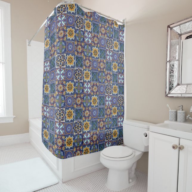 Mexican Talavera Tiles Shower Curtain (In Situ)