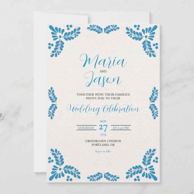 Mexican Talavera Turquoise Minimalist Wedding Invitation (Front)