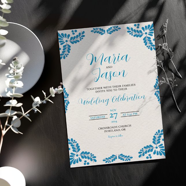 Mexican Talavera Turquoise Minimalist Wedding Invitation (Mexican Talavera Turquoise Minimalist Wedding Invitation)