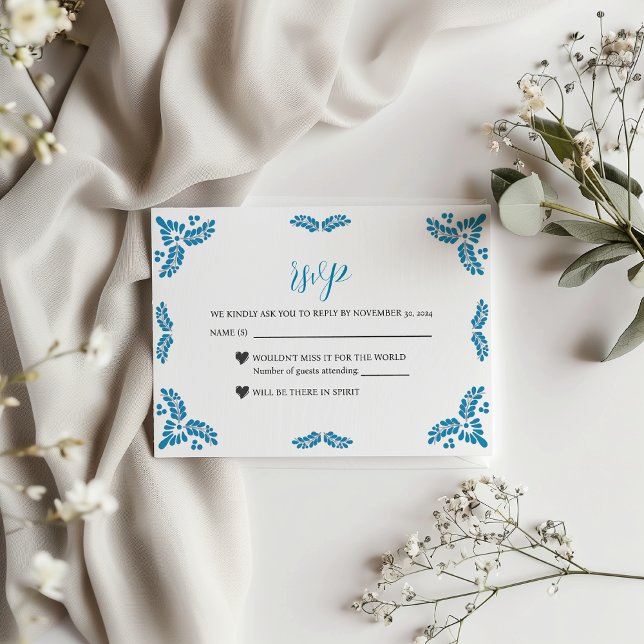 Mexican Talavera Turquoise Minimalist Wedding RSVP Card (Mexican Talavera Turquoise Minimalist Wedding RSVP Card)