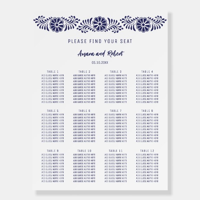 Mexican Talavera Wedding seating chart 12 tables Foam Board (Front)
