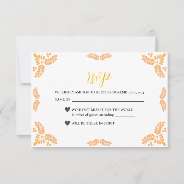 Mexican Talavera Yellow Floral Minimalist Wedding RSVP Card (Front)