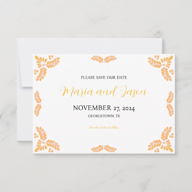 Mexican Talavera Yellow Floral Minimalist Wedding Save The Date (Front)