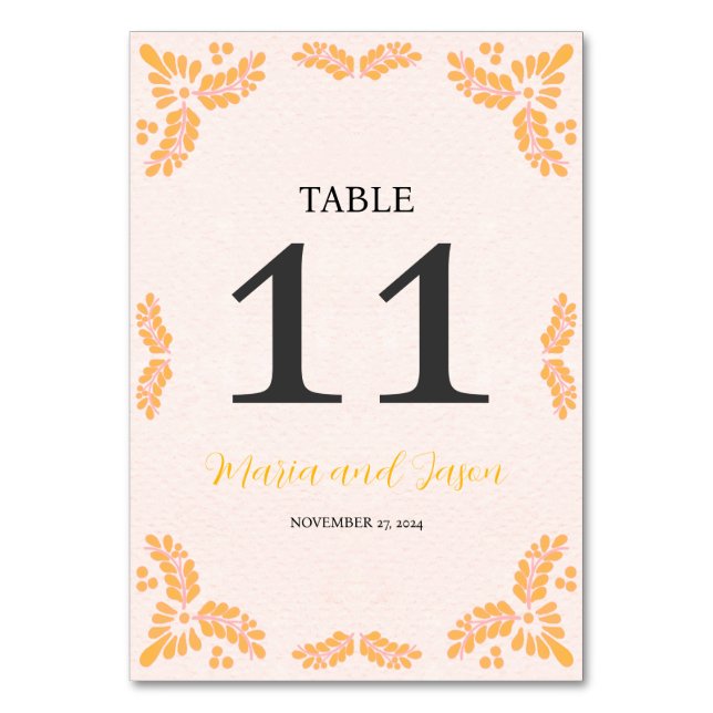 Mexican Talavera Yellow Floral Minimalist Wedding Table Number (Front)