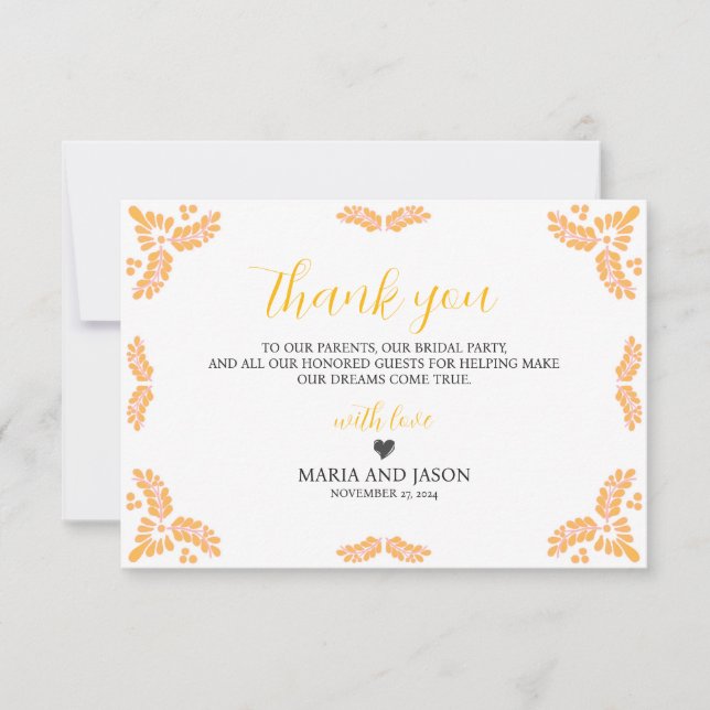 Mexican Talavera Yellow Floral Minimalist Wedding Thank You Card (Front)