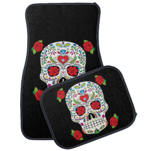 Mexican Tattoo Sugar Skull and Red Roses Car Floor Mat